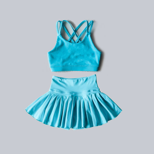 preorder GSD2439 Kids Yoga Set Sky Blue Sleeveless Vest Skirts Shorts Sets Girls Boutique Outfits 202504