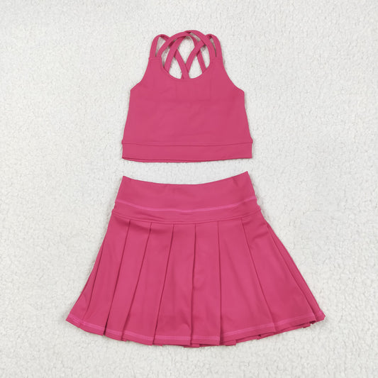 GSD2442 Kids Yoga Set Rose Red Sleeveless Vest Skirts Shorts Sets Girls Boutique Outfits 202506 RTS