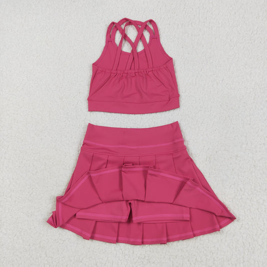 GSD2442 Kids Yoga Set Rose Red Sleeveless Vest Skirts Shorts Sets Girls Boutique Outfits 202506 RTS