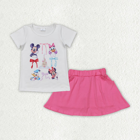 GSD2444 Mouse Mickey Minnie Donald Duck Cartoon Pattern White Short Sleeve Pink Skirts Sets Girls Boutique Clothes 202504 RTS