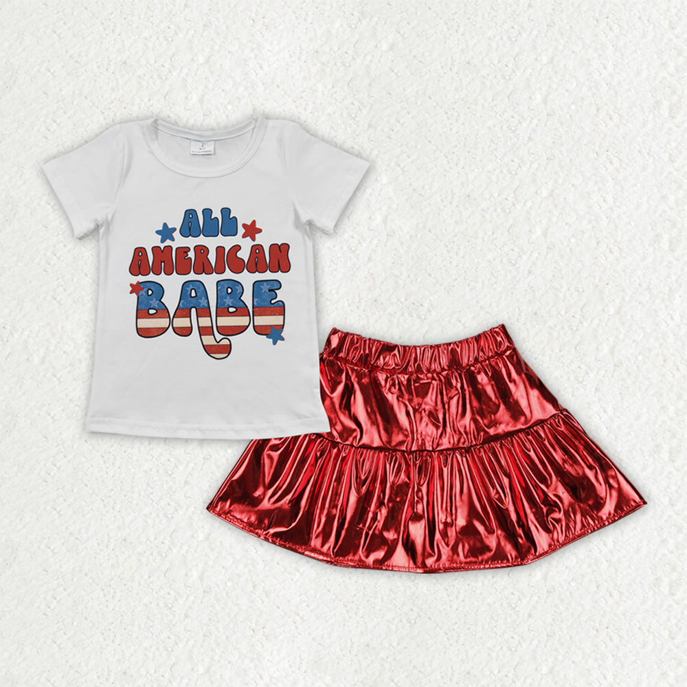 GSD2446 4th of July American Babe White Short Sleeve Top Shining Red Leather Skirts Sets Girls Boutique Clothes 202504 RTS