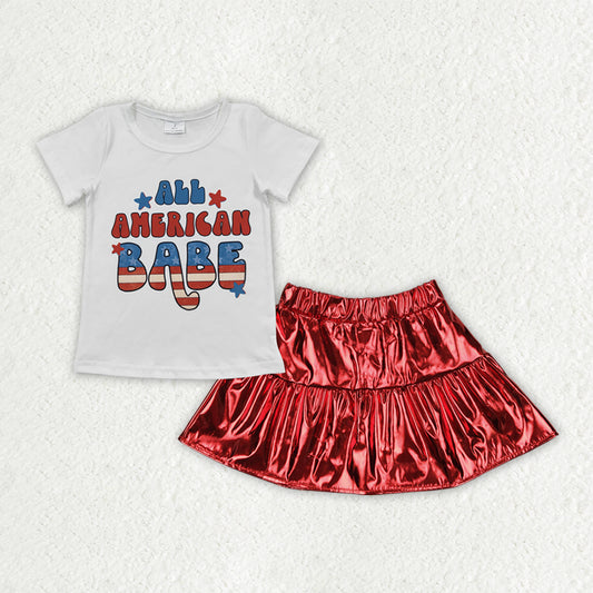 GSD2446 4th of July American Babe White Short Sleeve Top Shining Red Leather Skirts Sets Girls Boutique Clothes  202504 RTS
