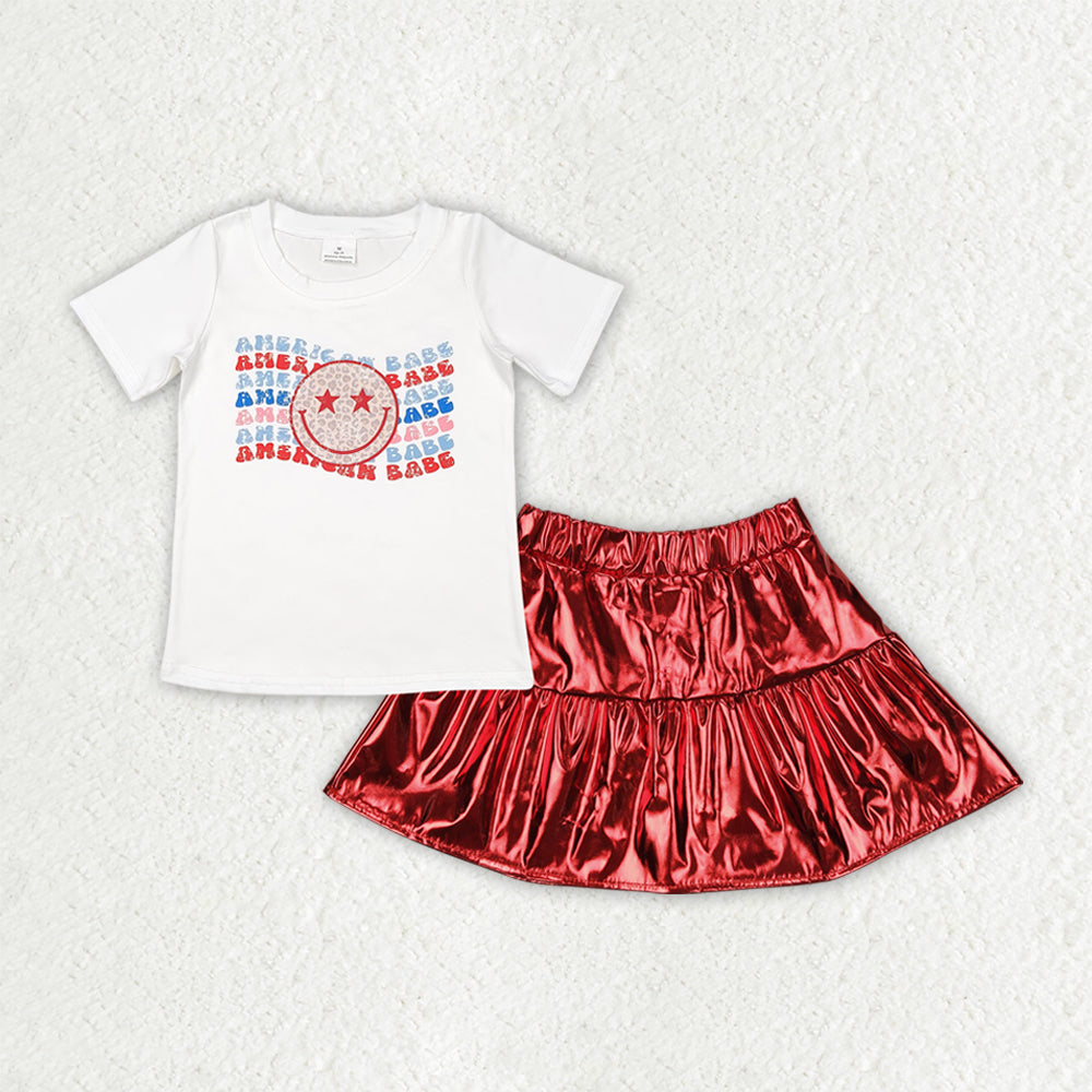 GSD2447 4th of July Smile Face Star White Short Sleeve Top Shining Red Leather Skirts Sets Girls Boutique Clothes 202504 RTS