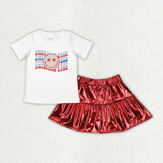 GSD2447  4th of July Smile Face Star White Short Sleeve Top Shining Red Leather Skirts Sets Girls Boutique Clothes  202504 RTS