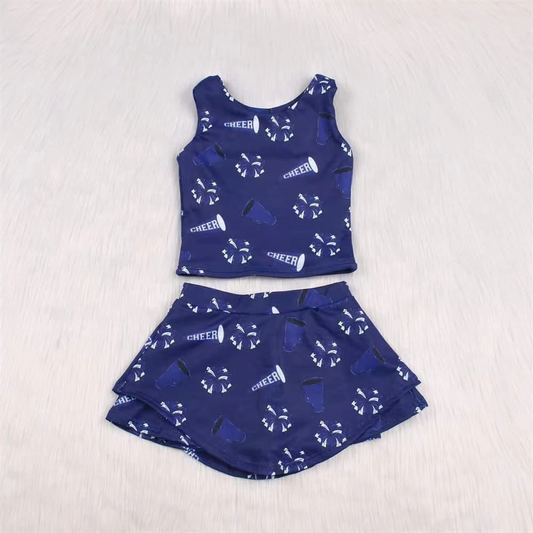 preorder GSD2448 Kids Yoga Set Cheer Leading Costumes Fireworks Navy Blue Sleeveless Vest Skirts Shorts Sets Girls Boutique Outfits 202504