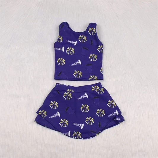 preorder GSD2449 Kids Yoga Set Cheer Leading Costumes Fireworks Dark Purple Sleeveless Vest Skirts Shorts Sets Girls Boutique Outfits 202504