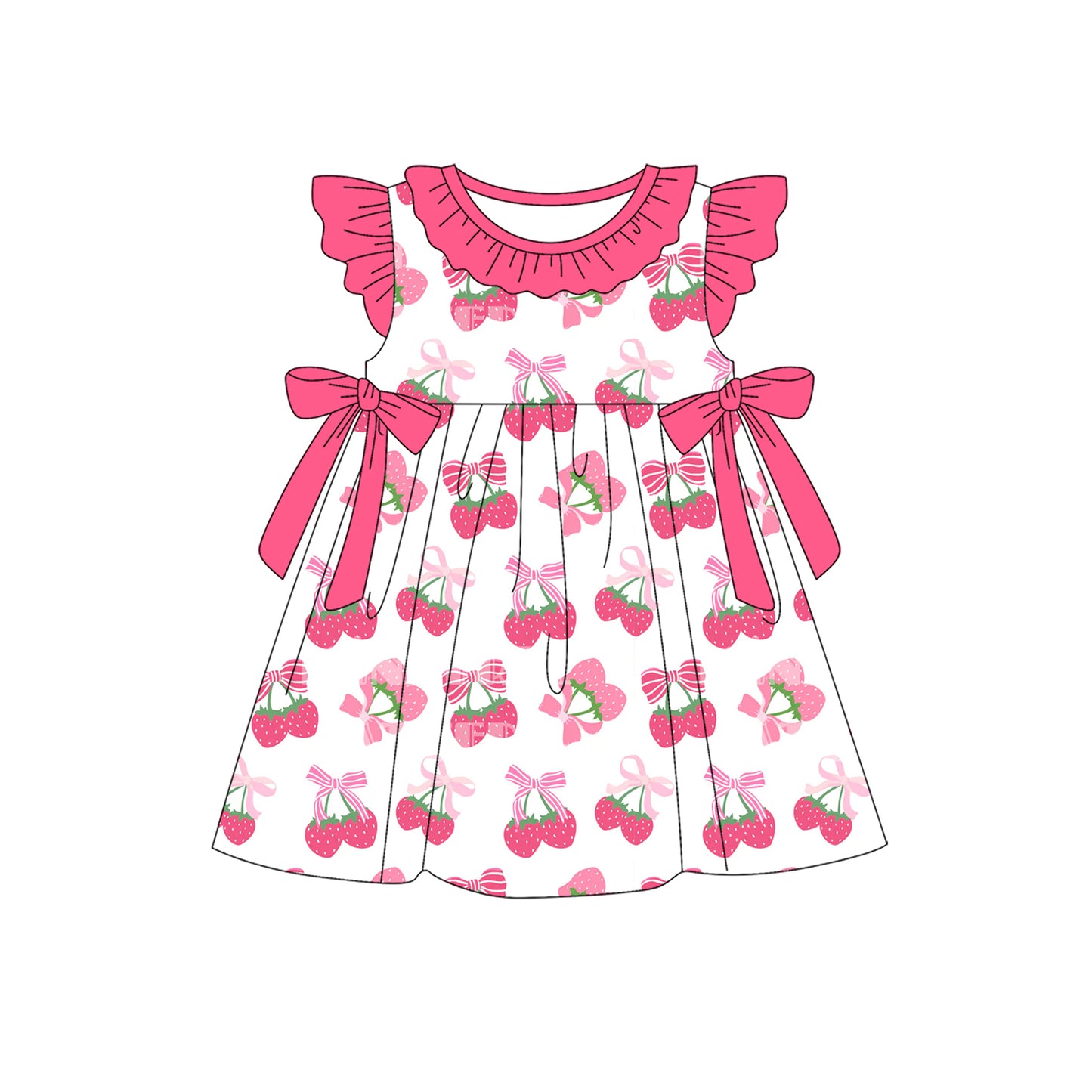 preorder GSD2455 Rose Red Strawberry Bows Ruffle Flying Sleeve Dress Girls Boutique Outfits 202504