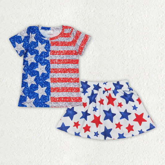 GSD2456 4th of July Navy Blue Red Star Stripe Short Sleeve Top Skirts Sets Girls Boutique Clothes  202504 RTS
