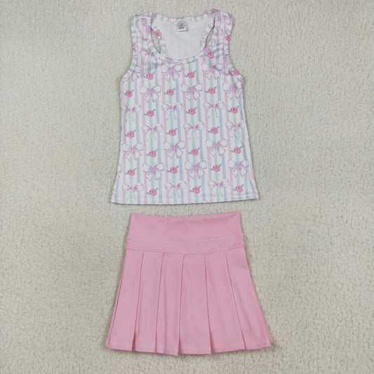 GSD2457 Kids Yoga Set Pink Blue Flower Bows Sleeveless Vest Skirts Girls Sets 202507 RTS