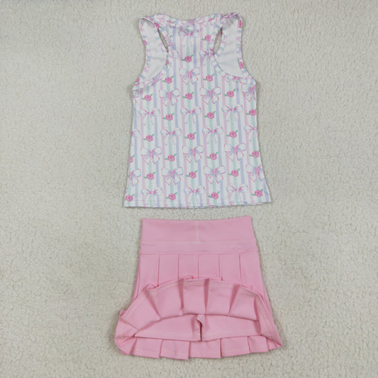 GSD2457 Kids Yoga Set Pink Blue Flower Bows Sleeveless Vest Skirts Girls Sets 202507 RTS