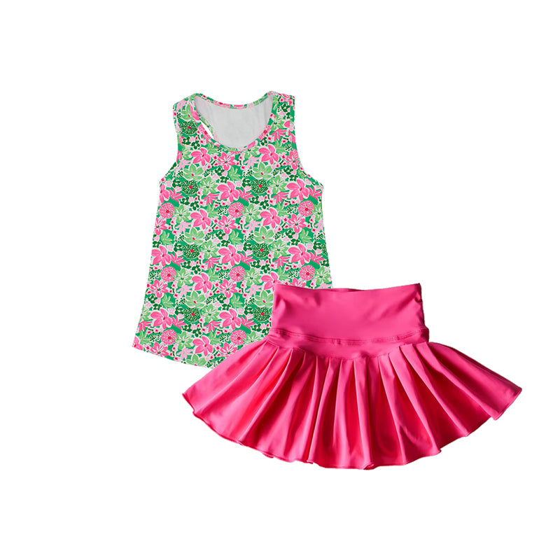 preorder GSD2458 Kids Yoga Set Pink Green Flower Leaf Sleeveless Vest Skirts Sets Girls Boutique Outfits 202504