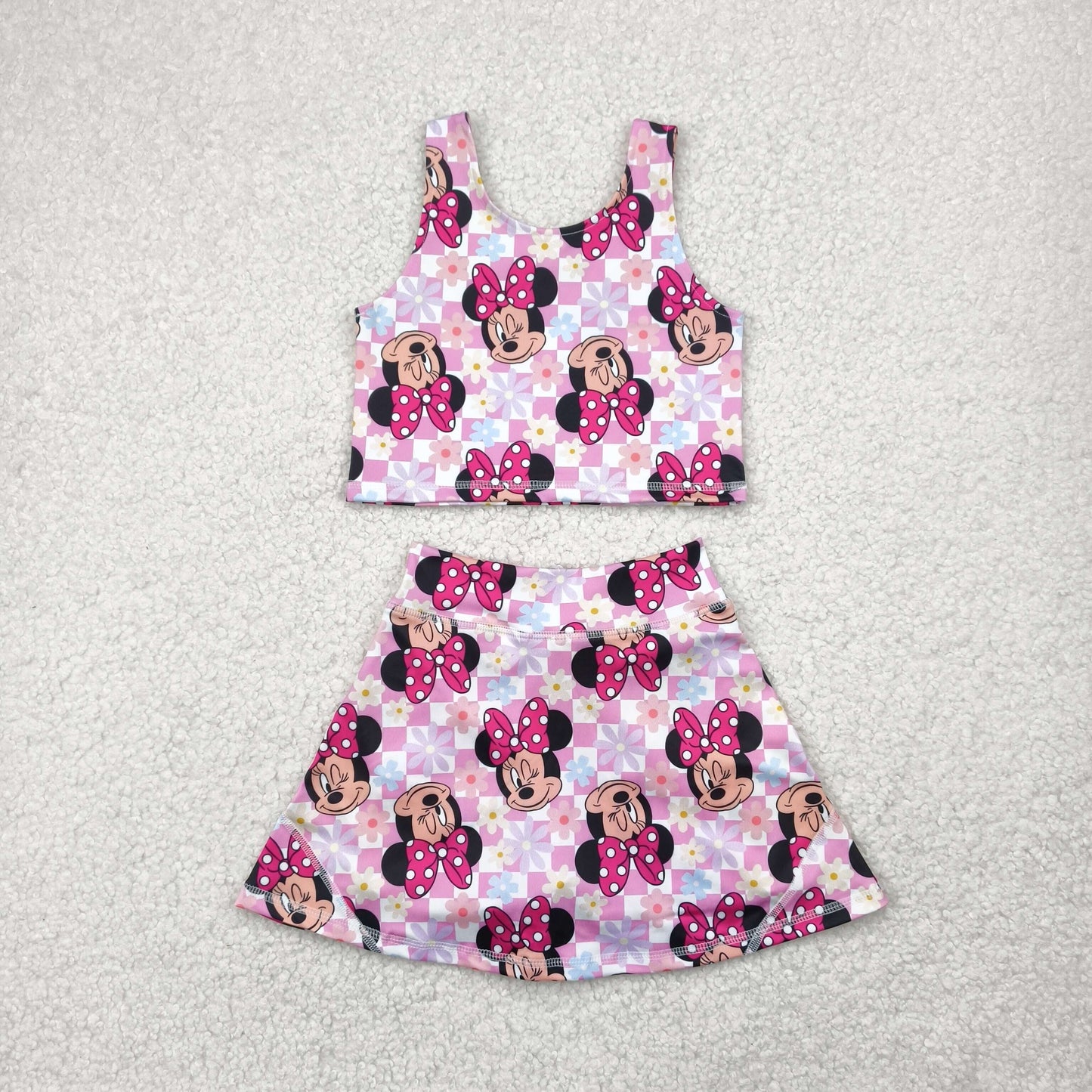 GSD2460 Kids Yoga Set Pink Purple Plaid Cartoon Mickey Mouse Minnie Sleeveless Vest Skirts Shorts Sets Girls Boutique Outfits 202504 RTS