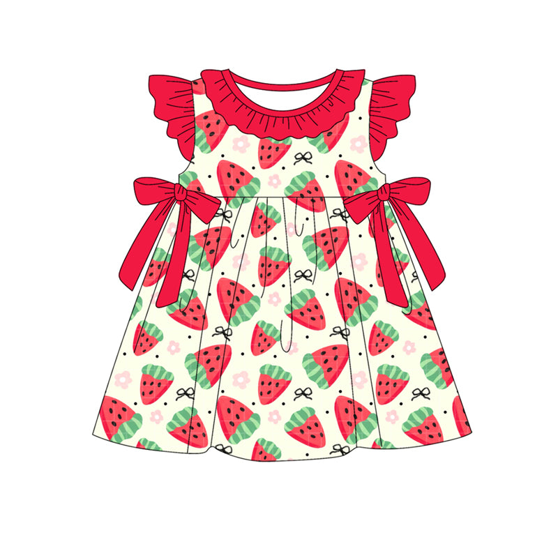 MOQ 5 PCS preorder GSD2465 watermelon red flower bows fly sleeve dress girls boutique outfits 202504