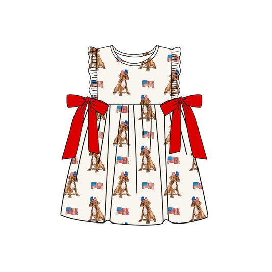 preorder GSD2466 4th of July puppy flag red bows beige ruffle dress girls boutique outfits 202504