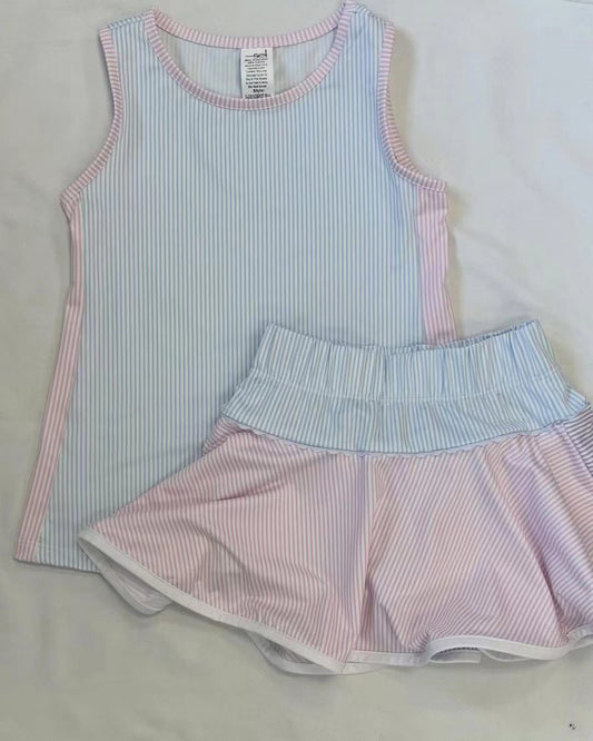 preorder GSD2470 Kids Yoga Set Light Blue Pink Stripe Sleeveless Top Skirts Sets Girls Boutique Outfits 202504