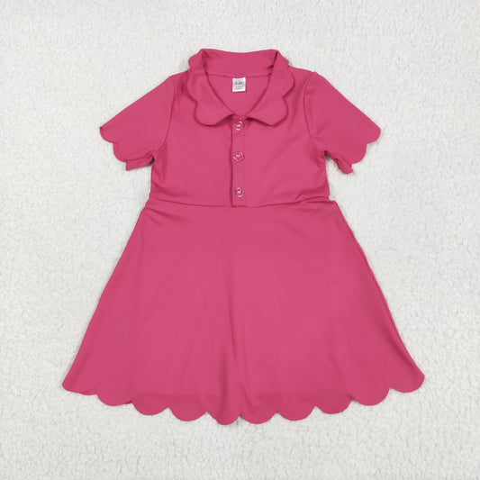 GSD2474 Kids Yoga Dress Pure Rose Red Polo Button Short Sleeve Dress Girls Boutique Clothes 202506 RTS