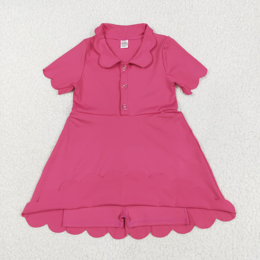 GSD2474 Kids Yoga Dress Pure Rose Red Polo Button Short Sleeve Dress Girls Boutique Clothes 202506 RTS