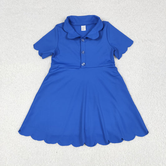 GSD2475 Kids Yoga Dress Pure Blue Polo Button Short Sleeve Dress Girls Boutique Clothes 202506 RTS