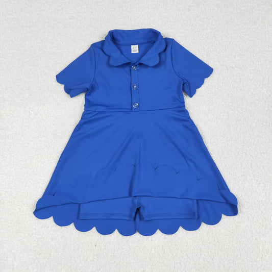 GSD2475 Kids Yoga Dress Pure Blue Polo Button Short Sleeve Dress Girls Boutique Clothes 202506 RTS