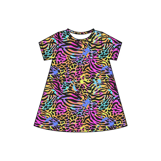 MOQ 5 PCS preorder GSD2479 Colored Leopard Short Sleeve Dress Girls Boutique Outfits 202504