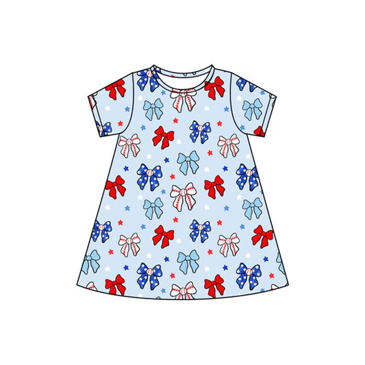 preorder GSD2480 4th of July Red Blue Star Bows Short Sleeve Dress Girls Boutique Outfits 202504