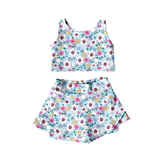 preorder GSD2481 Kids Yoga Set Light Blue Pink Flower Sleeveless Vest Skirts Shorts Sets Girls Boutique Outfits 202504