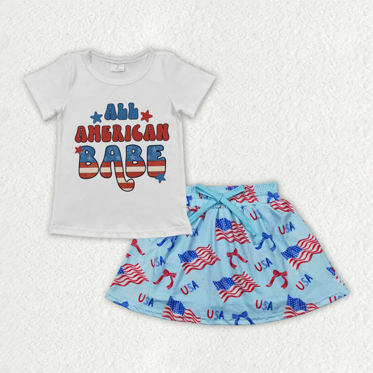 GSD2482 4th of July American Babe Star Bows White Short Sleeve Blue Skirts Shorts Sets Girls Boutique Outfits 202504 RTS