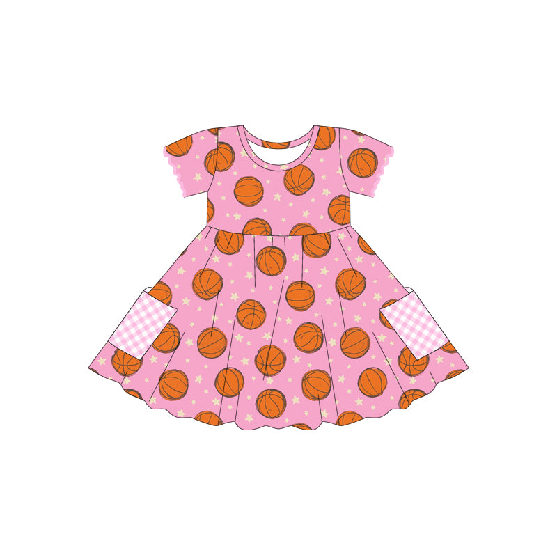 preorder GSD2483 Basketball Star Plaid Pocket Pink Short Sleeve Dress Girls Boutique Outfits 202504