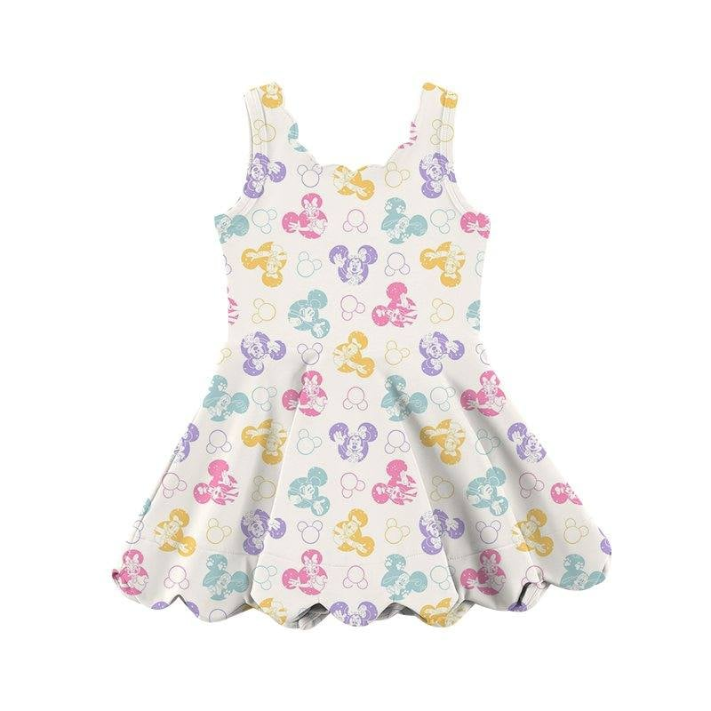Preorder GSD2490 Kids Yoga Dress Cartoon Mickey Minnie Daisy Beige White Sleeveless Dress Girls Boutique Clothes 202504