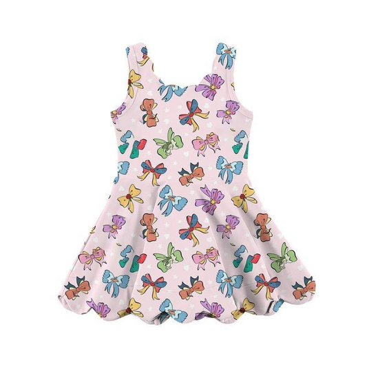 Preorder GSD2492 Kids Yoga Dress Colored Bows Pink Sleeveless Dress Girls Boutique Clothes 202504