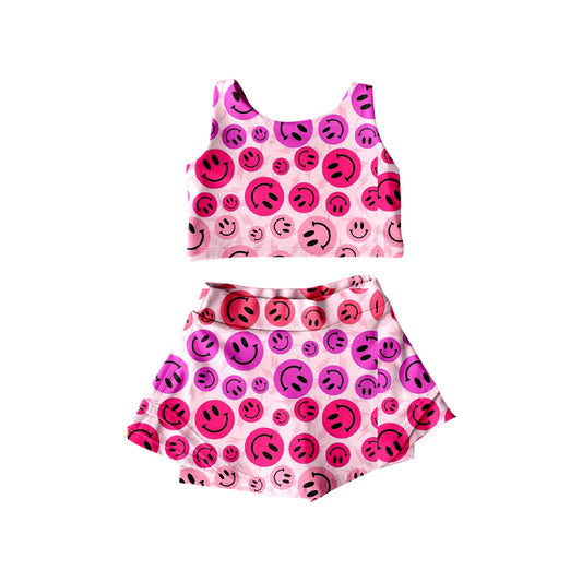 preorder GSD2493 Kids Yoga Set Smile Face Rose Red Sleeveless Vest Skirts Shorts Sets Girls Boutique Outfits 202504