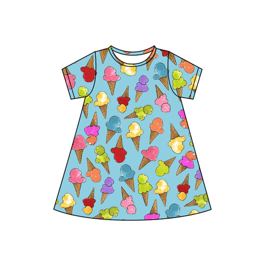 preorder GSD2498 Ice Cream Blue Green Short Sleeve Dress Girls Boutique Outfits 202504