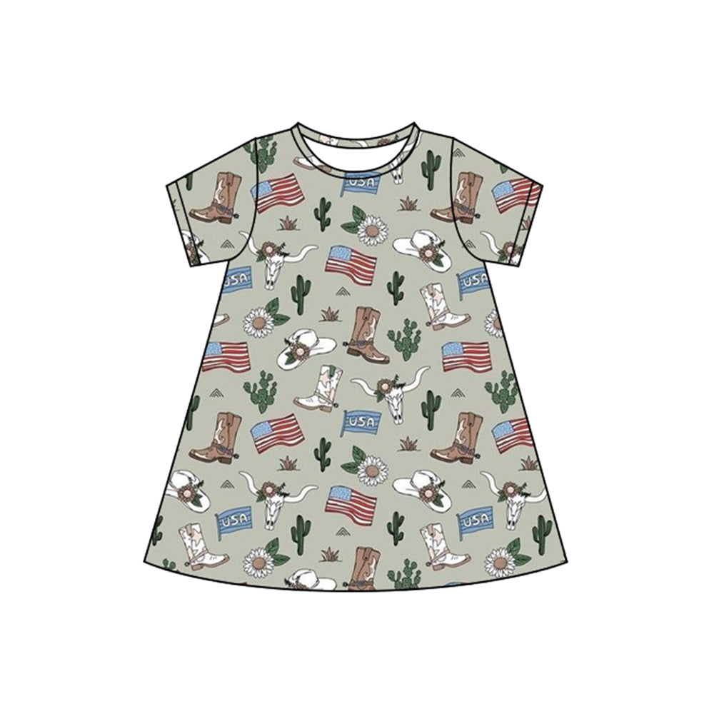 preorder GSD2499 Boots Cactus Cow Grey Green Short Sleeve Dress Girls Boutique Outfits 202504