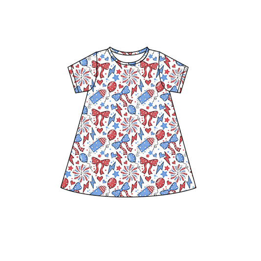 preorder GSD2500 4th of July Flag Fireworks Lightning Balloon Red Blue Short Sleeve Dress Girls Boutique Outfits 202504