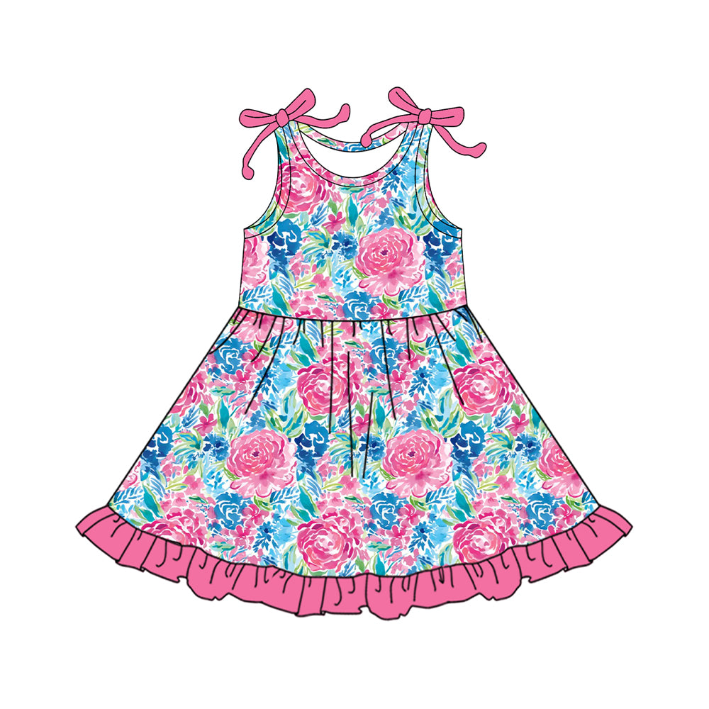 preorder GSD2509 Blue Pink Flower Ruffle Sleeveless Dress Girls Boutique Outfits 202504
