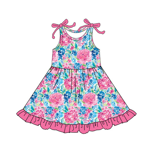 preorder GSD2509 Blue Pink Flower Ruffle Sleeveless Dress Girls Boutique Outfits 202504