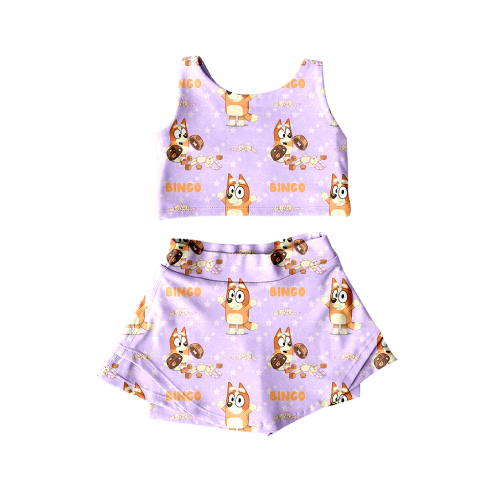 preorder GSD2510 Cartoon Bluey Purple Pink Yoga Milk Silk Sleeveless Top Skirts Shorts Set Girls Boutique Outfit 202504