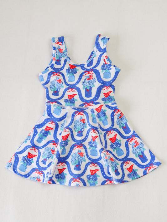 Preorder GSD2512 4th of July blue red bows yoga dress girls boutique sleeveless dress 202504