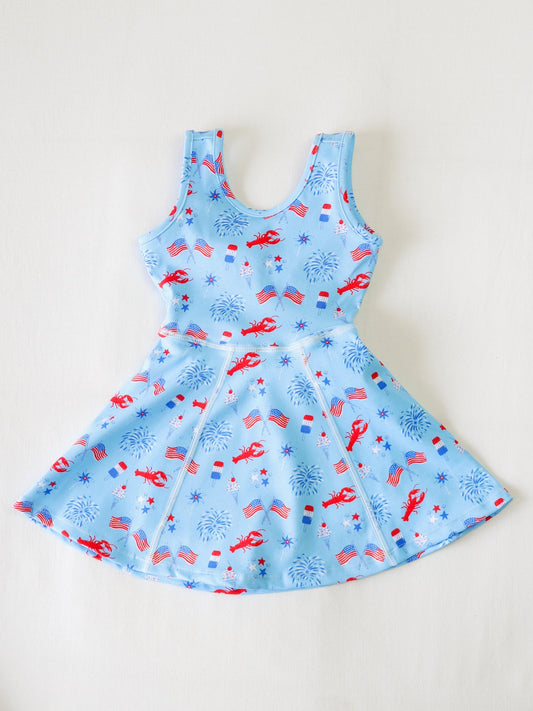 Preorder GSD2513 4th of July lobster fireworks flag blue yoga dress girls boutique sleeveless dress 202504
