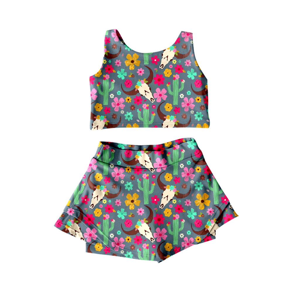preorder GSD2519 Cow Flower Cactus Grey Blue Yoga Vest Skirts Shorts Set Girls Boutique Outfit 202504