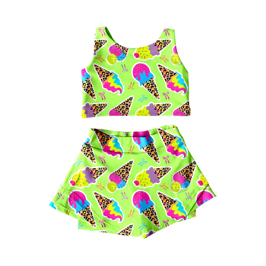 preorder GSD2520 Leopard Ice Cream Yellow Green Yoga Vest Skirts Shorts Set Girls Boutique Outfit 202504