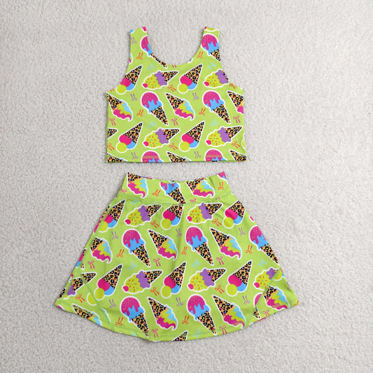 GSD2520 Leopard Ice Cream Yellow Green Vest Skirts Shorts Girls Yoga Sets 202606 RTS