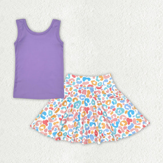 GSD2521 Yoga Wear Pure Purple Sleeveless Colored Leopard Skirts Shorts Set Girls Boutique Outfit 202504 RTS