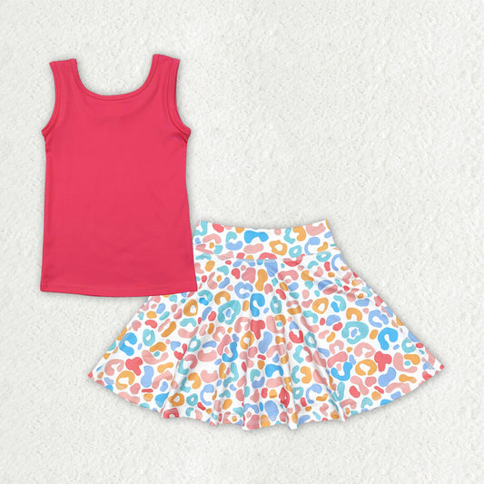 GSD2522 Yoga Wear Pure Red Sleeveless Colored Leopard Skirts Shorts Set Girls Boutique Outfit 202504 RTS