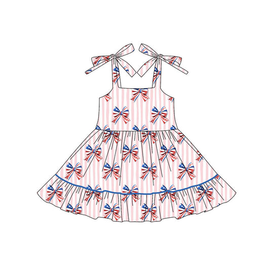 Preorder GSD2524 4th of July red blue bows pink white stripe ruffle sleeveless dress Girls Boutique Summer clothes 202504