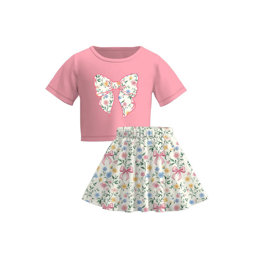 preorder GSD2526 Kids Yoga Set Pink Bow Short Sleeve Top White Floral Skirts Sets Girls Boutique Outfits 202504