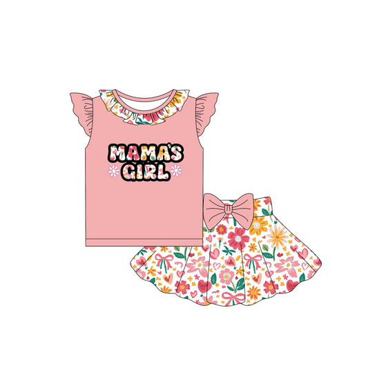 preorder GSD2531 Mamas girl Orange Pink Floral Big Bow Fly Sleeve Skirts Sets Girls Boutique Outfits 202504