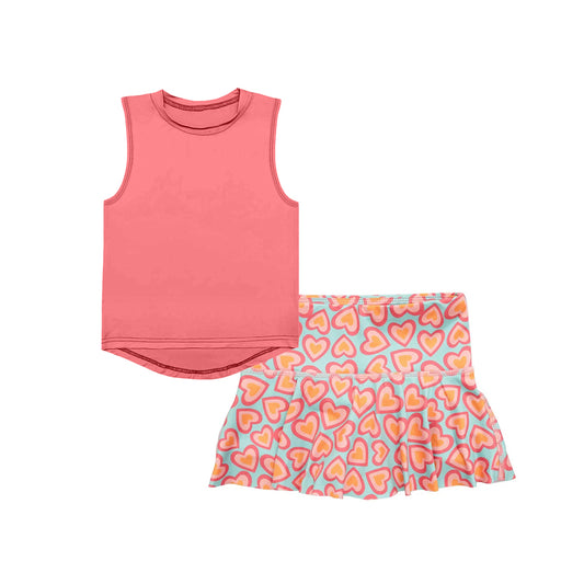 preorder GSD2535 Yoga Wear Pure Pink Red Sleeveless Top Love Heart Skirts Shorts Sets Girls Boutique Outfit 202504
