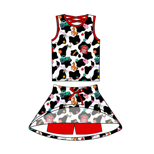 preorder GSD2537 Yoga Wear Cow Printed Farm Animals Red Sleeveless Top Skirts Shorts Sets Girls Boutique Outfit 202504