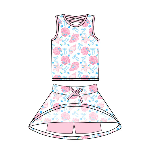 preorder GSD2538 Yoga Wear Conch Shell Bow Pink Blue Sleeveless Top Skirts Shorts Sets Girls Boutique Outfit 202504